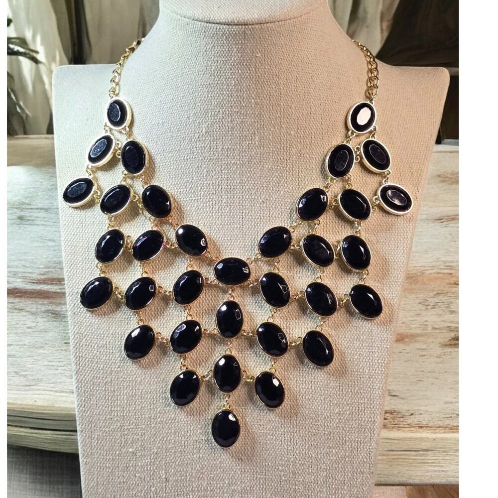 Black Faceted Cabochon Cascading Necklace Gold Layered Drop – Vintage Dark Glam